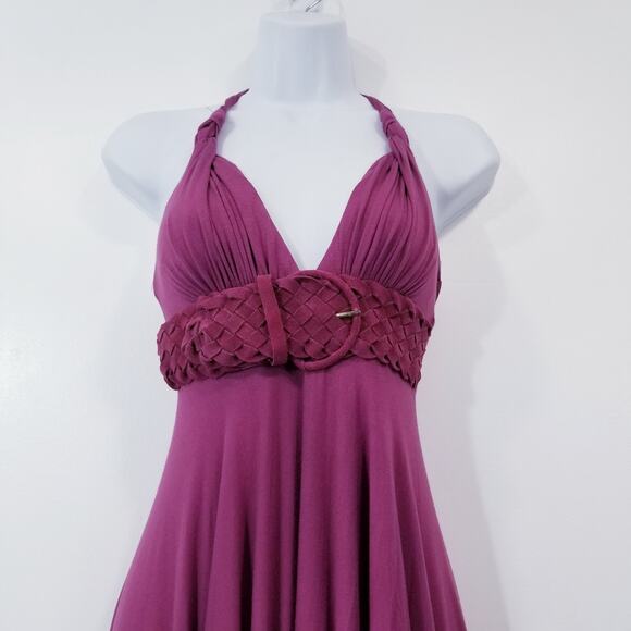 Sky Purple Halter Dress Braided Thick Belt Empire Waist Y2K Style - Picture 2 of 14